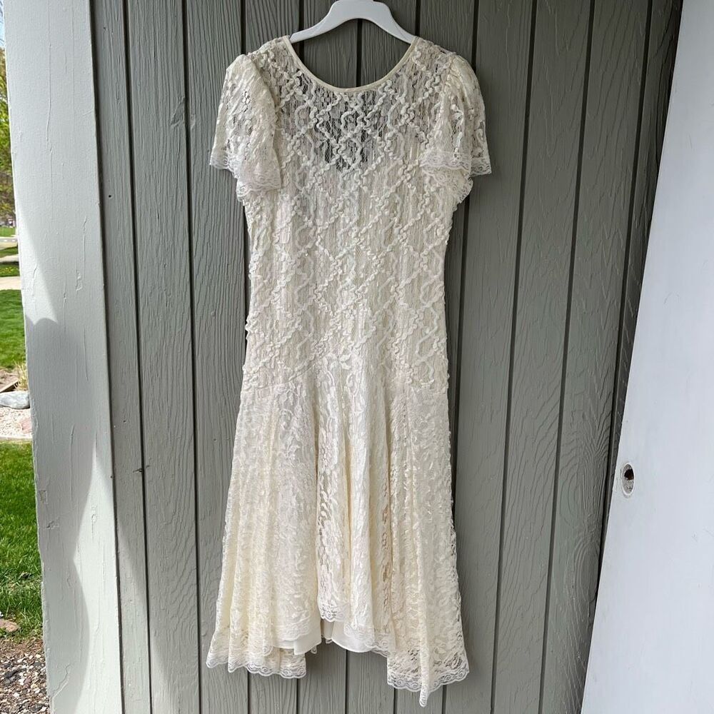 Vintage HW Collections Ivory Lace Drop Waist Dress Bridal